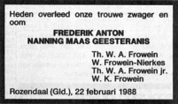 Overlijdensbericht F.A.N. (Frits) MG (1988)